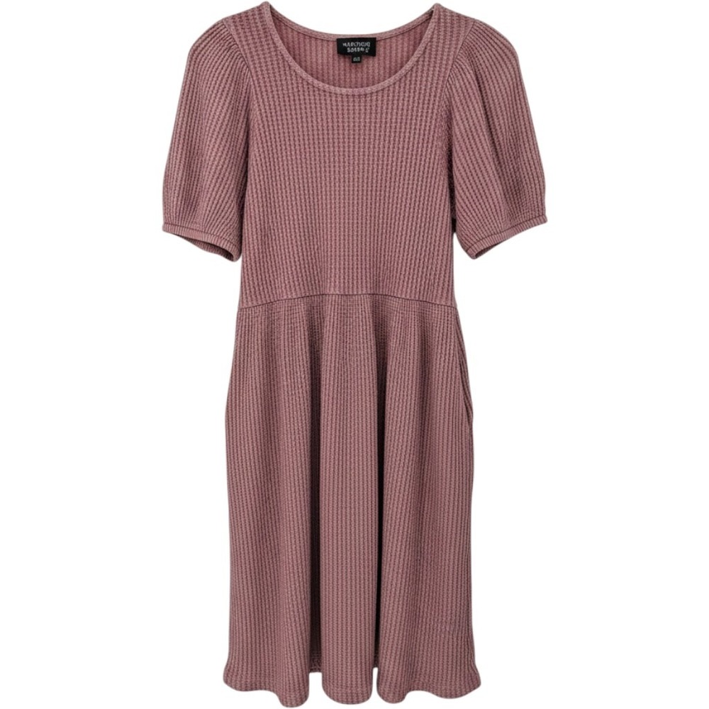 Known Supply Waffle Knit Dress Womens XS Rose Pink Puff Sleeve Organic Cotton